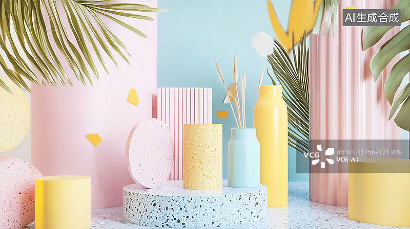 【AI数字艺术】水磨石与抽象花植几何趣境图片素材