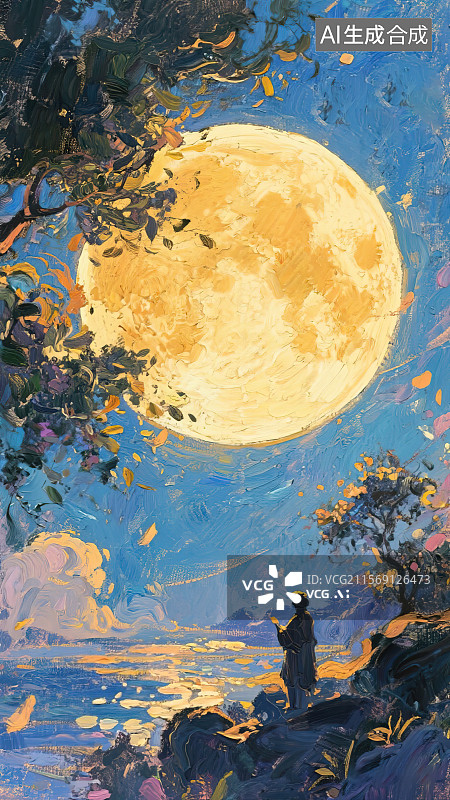 【AI数字艺术】中秋节游子思念故乡一个人在滨江水边赏月桂花飘落 手机壁纸竖版屏幕锁屏主题插画背景 印象派油画笔触肌理图片素材