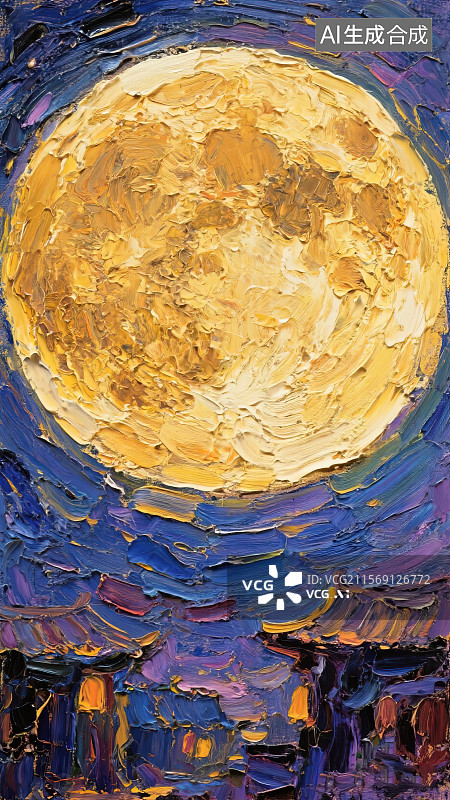 【AI数字艺术】中秋节巨大月亮灯笼光照亮古代建筑房屋街道 手机壁纸竖版屏幕锁屏主题插画背景 印象派油画笔触肌理涂鸦图片素材