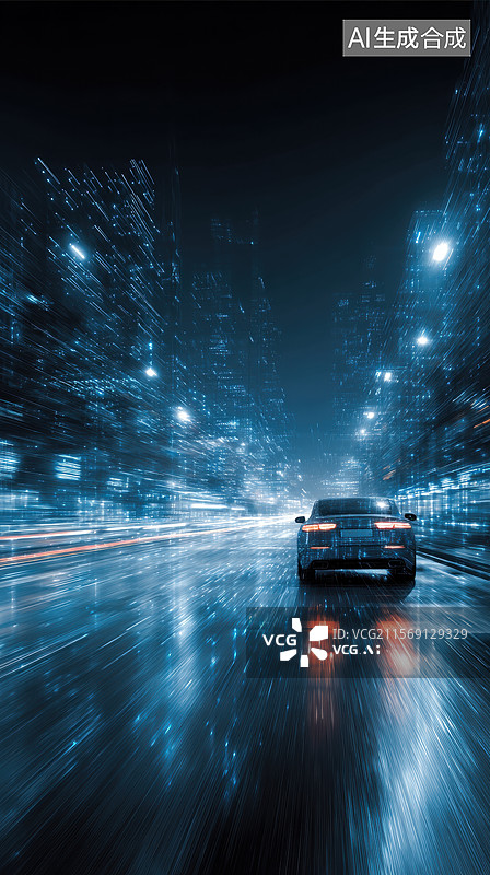 【AI数字艺术】夜晚城市雨中行驶的汽车图片素材