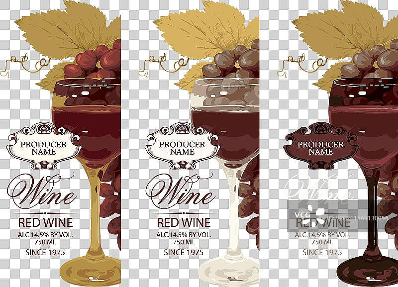 葡萄和酒杯的酒标签设置图片素材