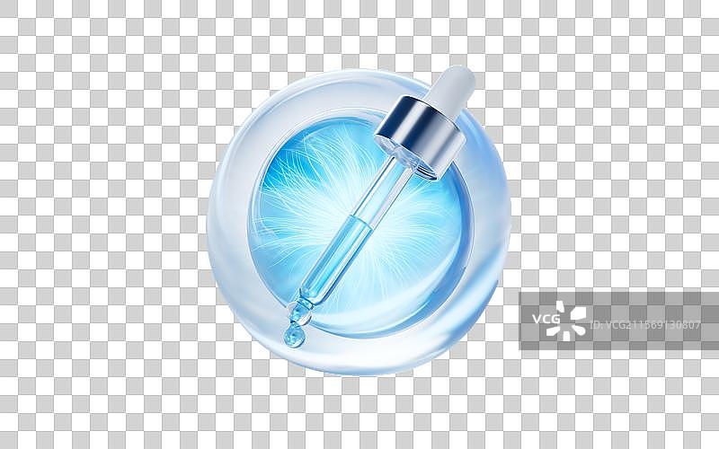 护肤品滴管与蓝色透明气泡三维渲染图片素材