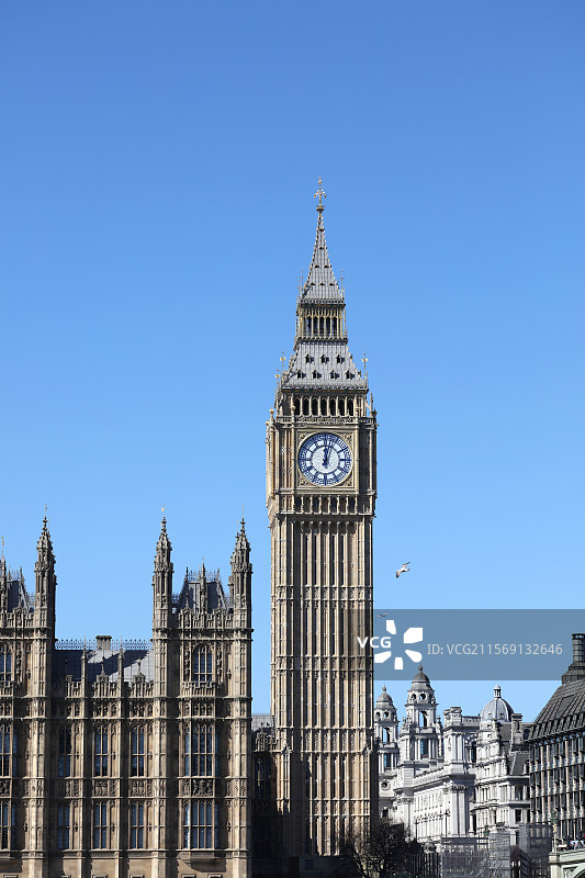 英国伦敦泰晤士河畔，辉煌的大本钟和议会大厦是伦敦标志性地标图片素材