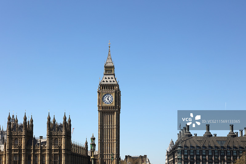 英国伦敦泰晤士河畔，辉煌的大本钟和议会大厦是伦敦标志性地标图片素材