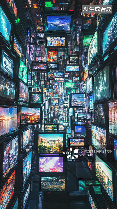 【AI数字艺术】一个充满高科技感的多媒体展示空间。墙壁上布满了多个屏幕，每个屏幕上都显示着不同的图像和视频内容图片素材