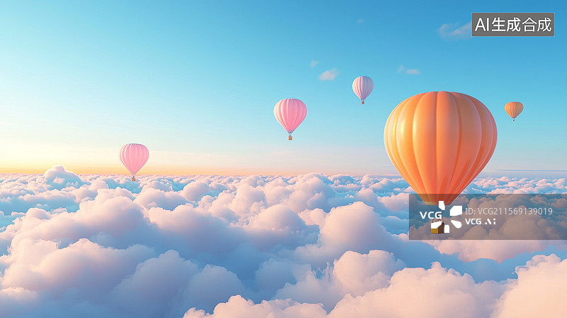 【AI数字艺术】3D卡通热气球白云天空飞翔梦想背景梦幻可爱希望自由活力快乐教育旅游儿童节蓝色插画背景图片素材