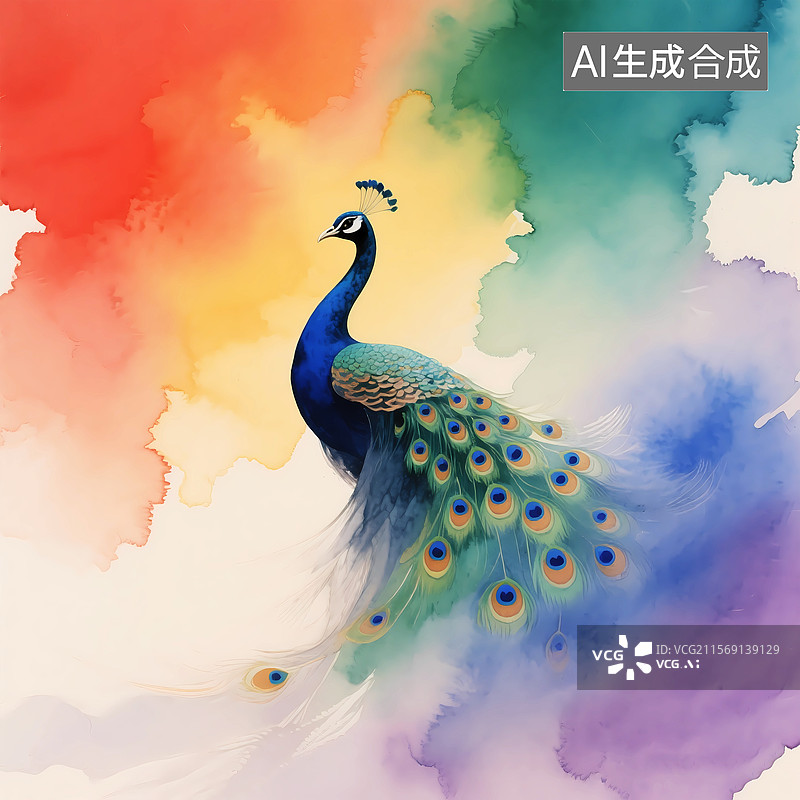 【AI数字艺术】水墨晕染彩色孔雀开屏羽毛图片素材