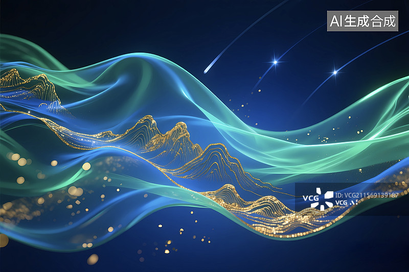 【AI数字艺术】发光国风山水流动艺术科技蓝色背景图片素材