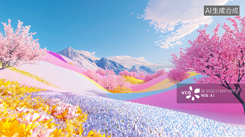 【AI数字艺术】3D樱花树花田山丘蓝天白云山脉卡通梦幻春天粉色蓝色黄色清新治愈系春分踏青露营郊游美好生活壁纸背景图片素材