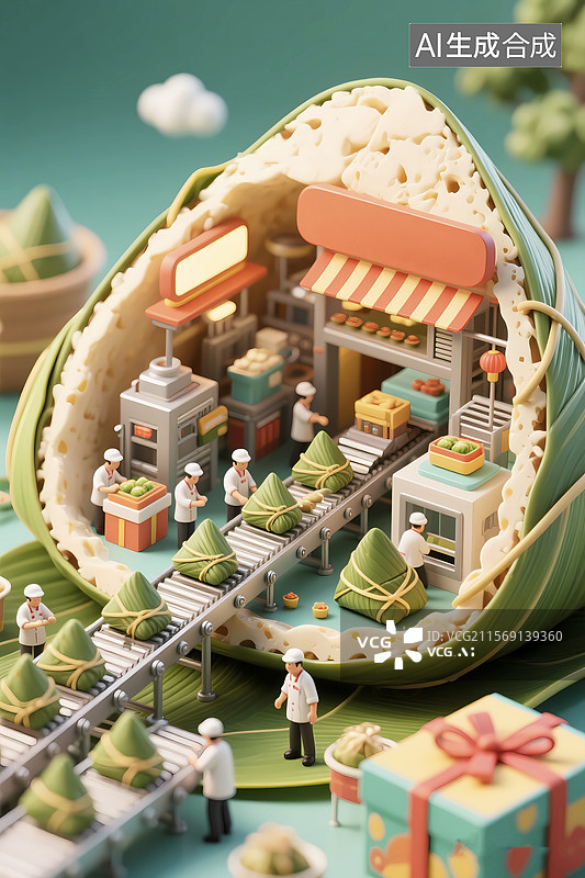 【AI数字艺术】创意粽子工厂包粽子端午节海报图片素材