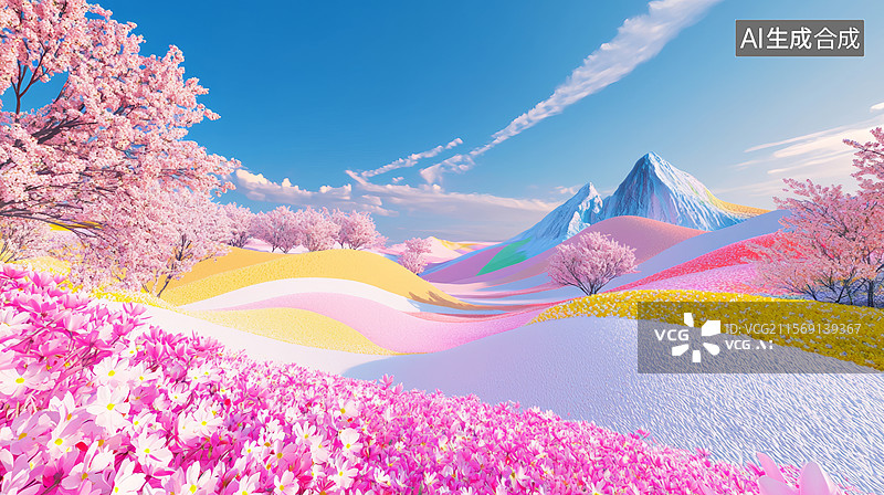 【AI数字艺术】3D樱花树花田山丘蓝天白云山脉卡通梦幻春天粉色蓝色黄色清新治愈系春分踏青露营郊游美好生活壁纸背景图片素材