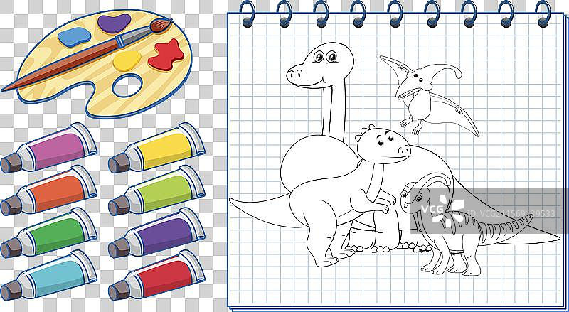 恐龙绘画与调色板和颜料管图片素材