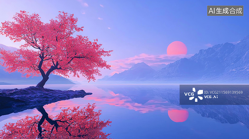 【AI数字艺术】3D樱花树湖光山色湖畔树木山脉傍晚蓝色粉色国风新中式禅意东方美学写意水墨风插画清明春分唯美游戏背景图片素材