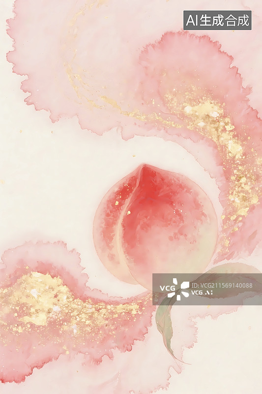 【AI数字艺术】金箔岩彩水蜜桃中式插画图片素材