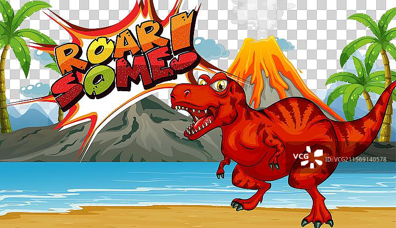 红色恐龙在火山附近咆哮图片素材