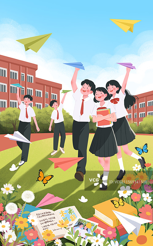 学校操场上一群中学生手拿纸飞机在拍毕业照图片素材