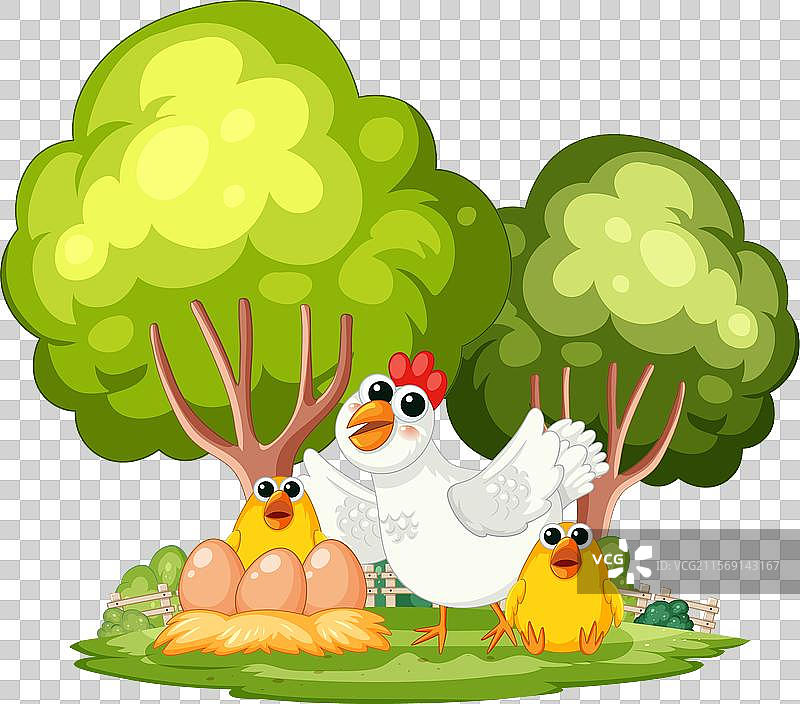 母鸡在树下与小鸡和鸡蛋在一起图片素材