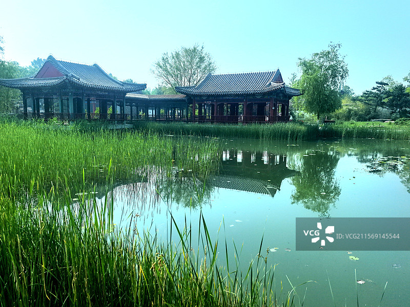 廊|桥清河鲤群游，亭台亭阁菏花稠玉瀑飞弦入神潭，蝶恋芳丛香染袖画舫犁波惊鹭鸥，云轨穿霄燕剪流图片素材