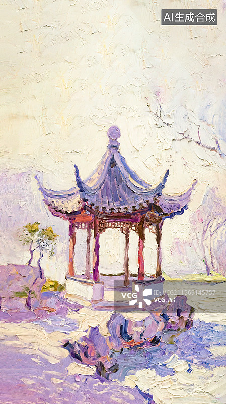 【AI数字艺术】新国风中式园林庭院景观场景 手机壁纸竖版屏幕锁屏主题插画背景 手绘油画棒印象派油画笔触肌理质感图片素材