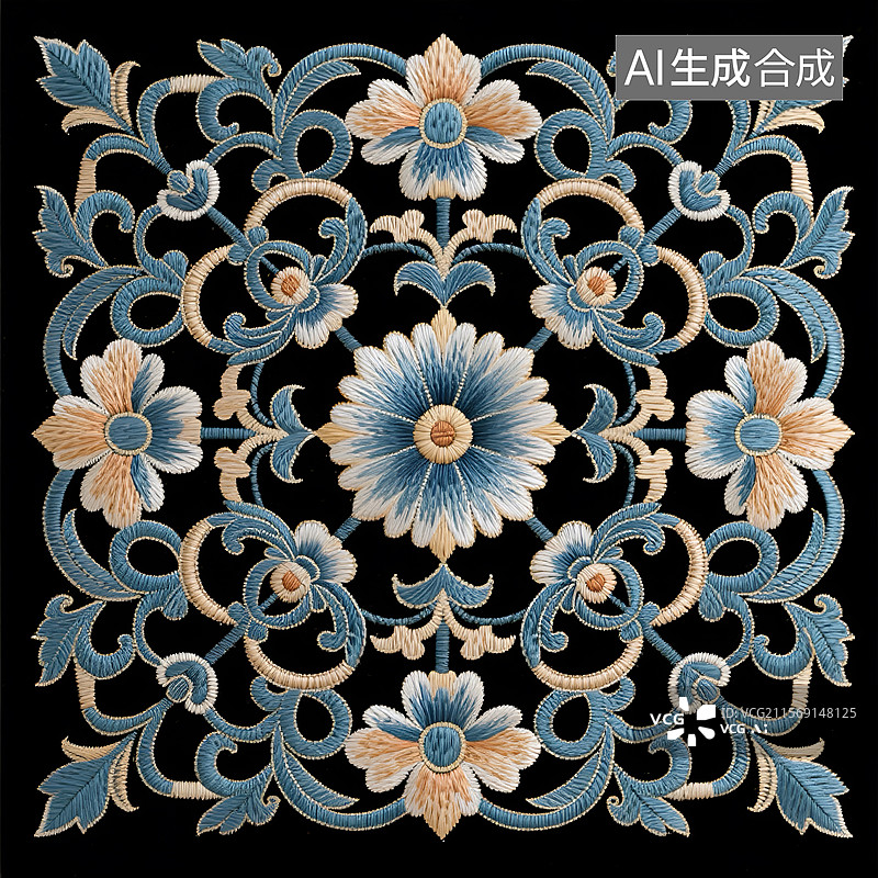 【AI数字艺术】中式刺绣风格的茶巾图案设计图片素材