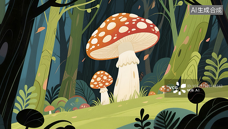 【AI数字艺术】森林中的蘑菇插画图片素材