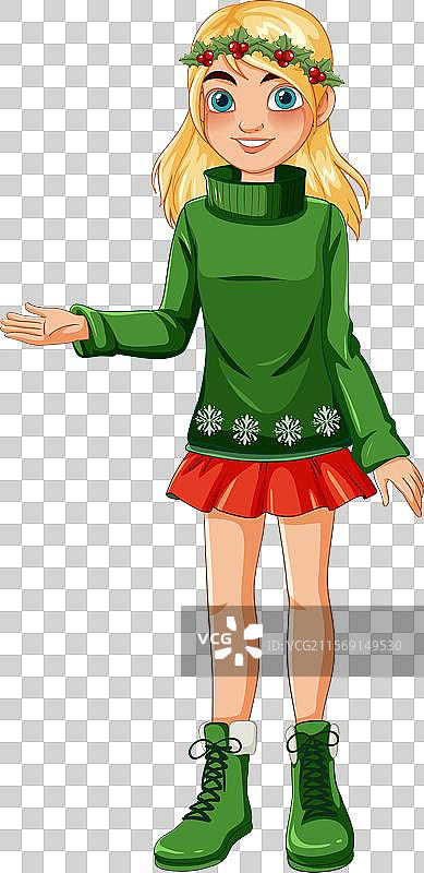 穿着绿色毛衣和红色裙子的女孩图片素材