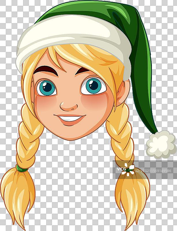 戴着绿色圣诞帽的金发女孩微笑着图片素材