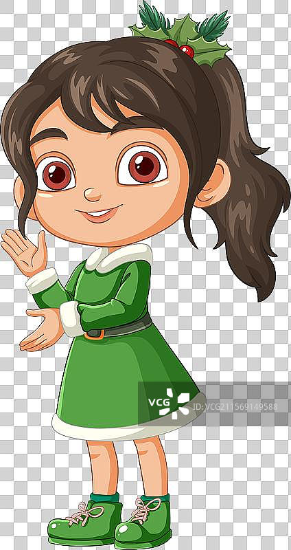 穿着节日服装的微笑女孩与冬青装饰图片素材