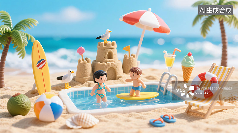 【AI数字艺术】夏季海边泳池排队聚会庆祝插画背景图片素材