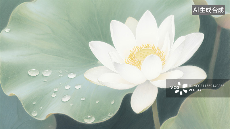 【AI数字艺术】白色莲花盛开在绿色荷叶上，荷叶上点缀着晶莹的水珠，画面清新自然图片素材