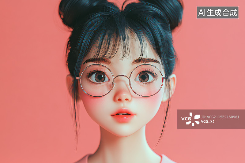 【AI数字艺术】双丸子头戴眼镜的卡通女孩艺术插画图片素材