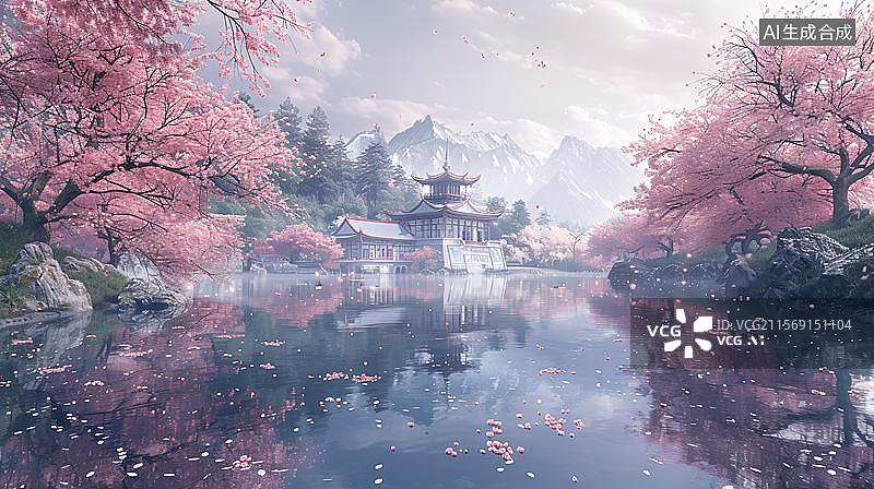 【AI数字艺术】湖光山色古韵亭 落英缤纷水云间 湖光山色的亭台阁楼 江南水榭亭台图片素材