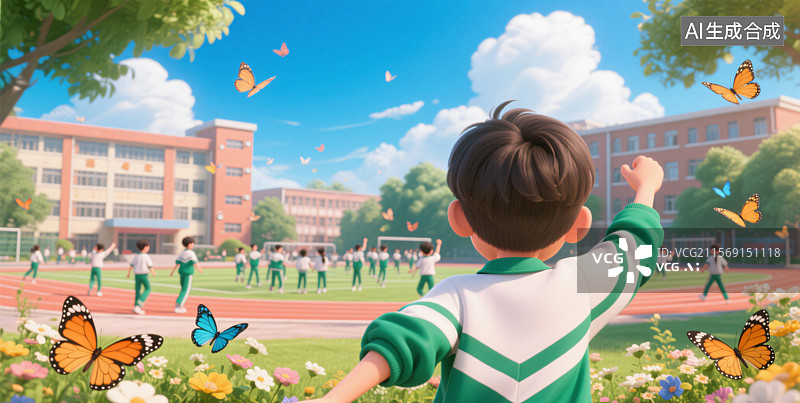 【AI数字艺术】学生在学校中生活卡通风格校园生活场景插画图片素材