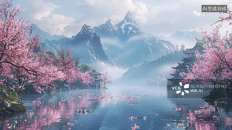 【AI数字艺术】湖光山色古韵亭 落英缤纷水云间 湖光山色的亭台阁楼 江南水榭亭台图片素材