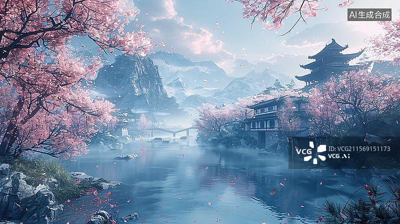 【AI数字艺术】湖光山色古韵亭 落英缤纷水云间 湖光山色的亭台阁楼 江南水榭亭台图片素材