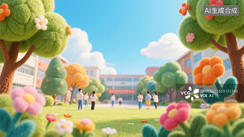 【AI数字艺术】学生在学校中生活卡通风格校园生活场景插画图片素材
