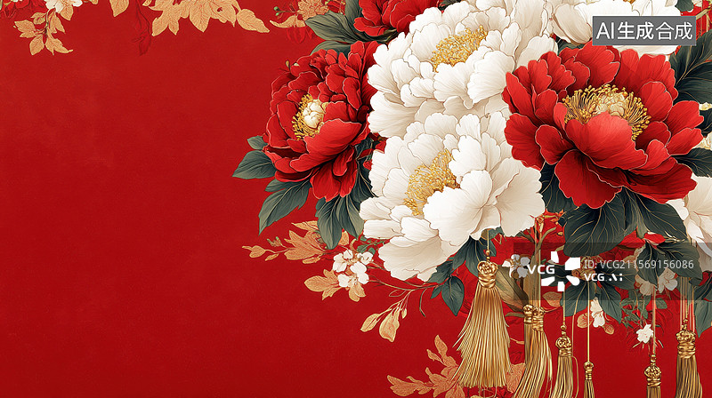 【AI数字艺术】红色背景上的红白牡丹花装饰图片素材