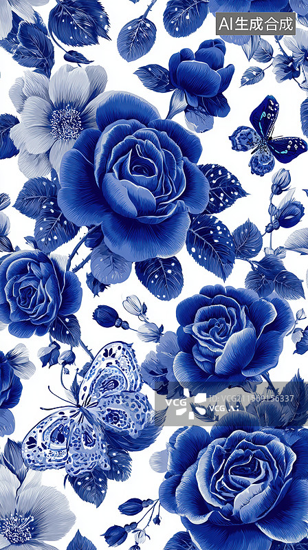 【AI数字艺术】蓝色玫瑰花和蝴蝶图案图片素材