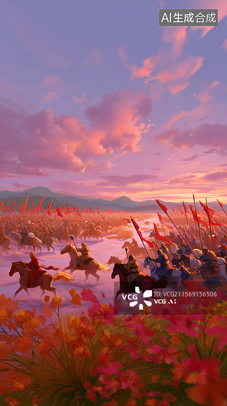 【AI数字艺术】古代骑兵在花海中冲锋图片素材