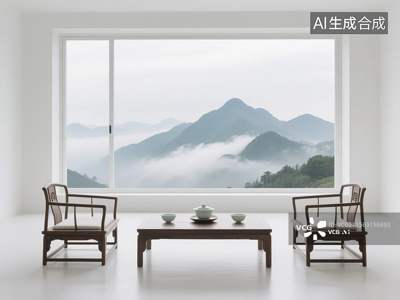 【AI数字艺术】现代室内与山景图片素材