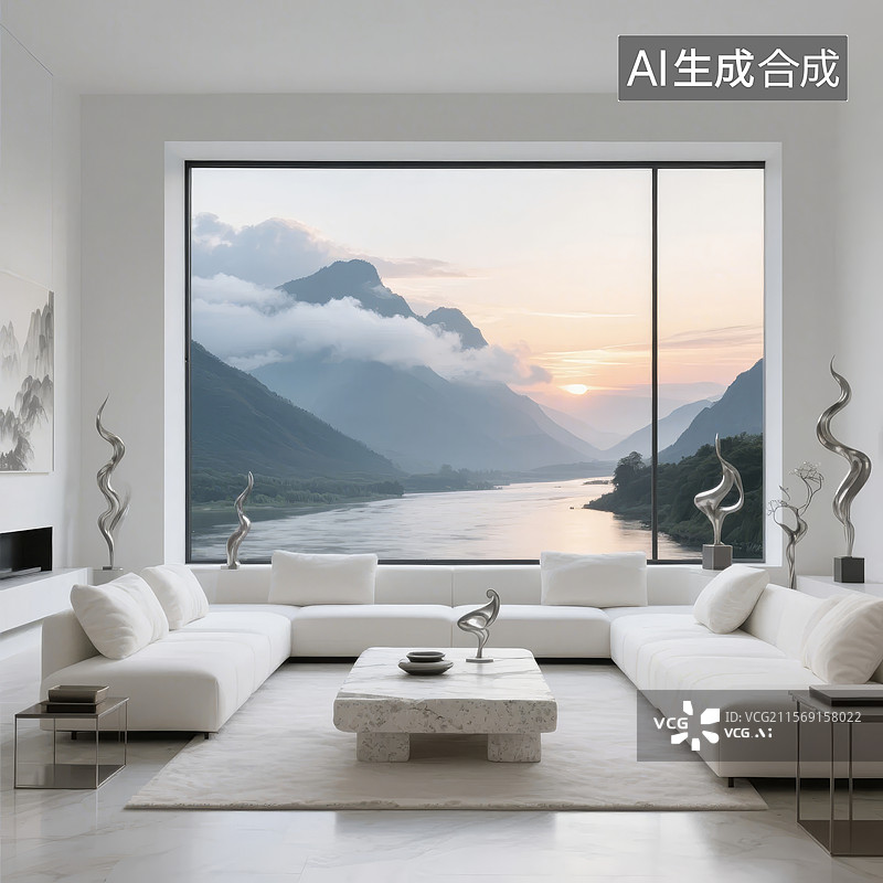 【AI数字艺术】现代客厅与山景图片素材