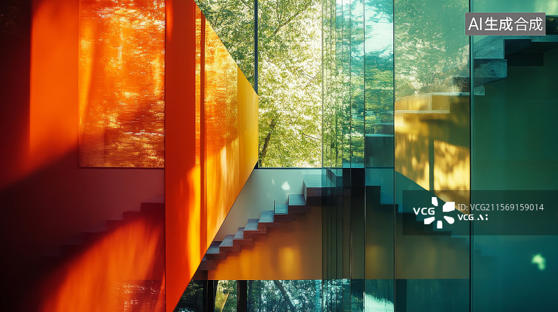 【AI数字艺术】彩色玻璃映射的现代楼梯空间图片素材