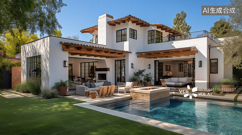 【AI数字艺术】现代西班牙风格住宅与泳池图片素材