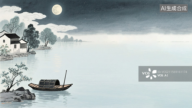 【AI数字艺术】复古中国风水墨画居左背景，新国风江南水乡场景画卷圆月星空祥云乌篷船古建筑房屋白墙黑瓦河岸柳树夜泊枫桥图片素材