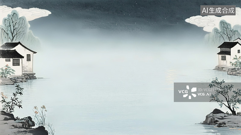 【AI数字艺术】复古中国风水墨画两侧背景，新国风江南水乡人家场景画卷夜晚星空祥云古建筑房屋白墙黑瓦河岸柳树岩石野花草图片素材