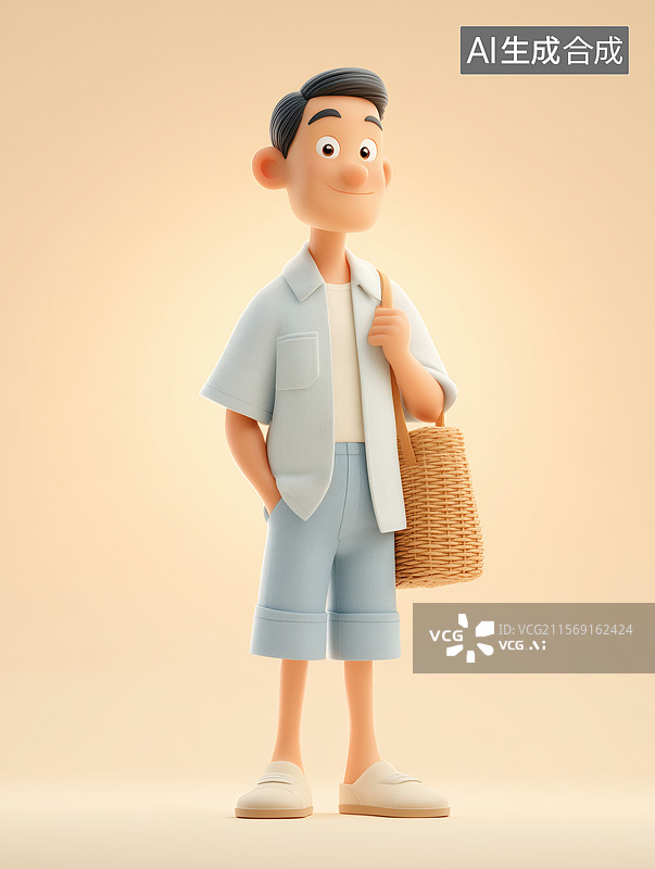 【AI数字艺术】一位男士穿棉麻衬衫短裤肩背草编包。图片素材