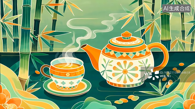 【AI数字艺术】竹林中的茶具插画图片素材