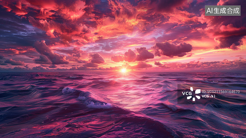 【AI数字艺术】火烧云晚霞映照海浪图片素材