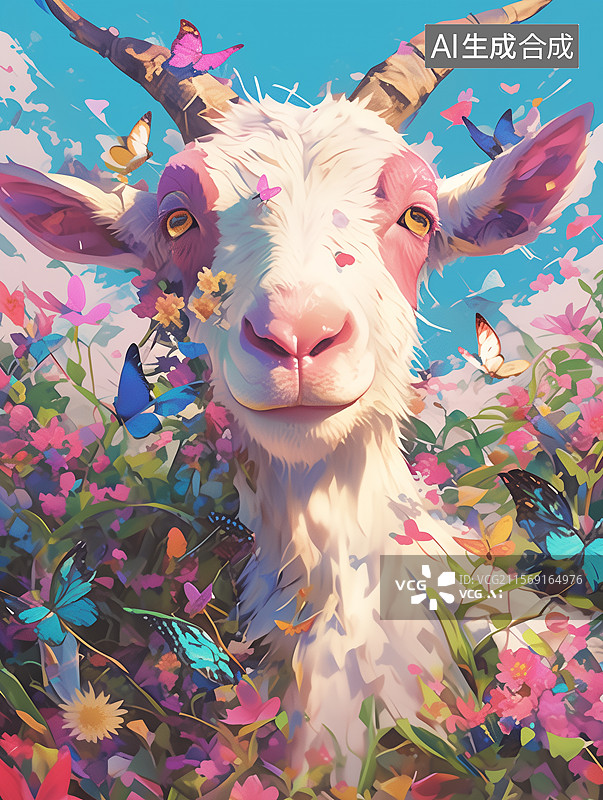 【AI数字艺术】花丛中的羊和鹿图片素材