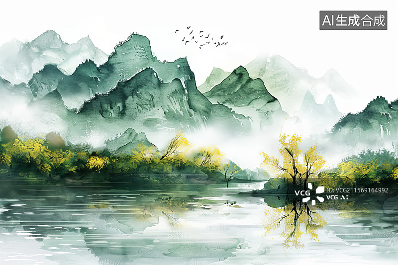 【AI数字艺术】水墨风青绿山水图图片素材